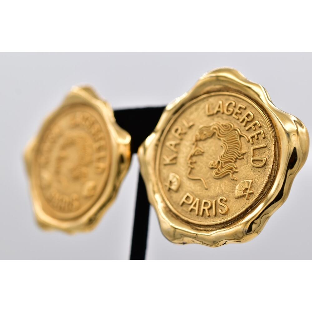 Karl Lagerfeld Vintage Logo Seal Clip On Earrings Paris Medallion Gold 80s Bin5 - Picture 3 of 12